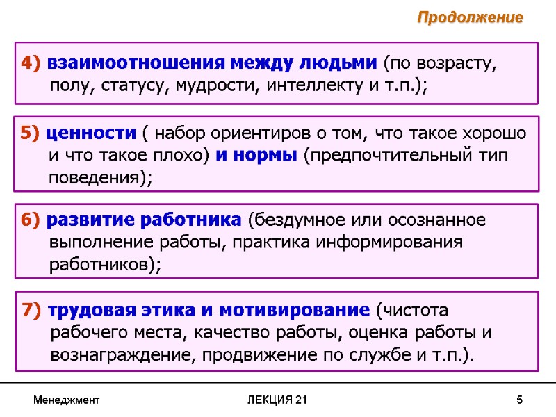 Менеджмент ЛЕКЦИЯ 21 5 4) взаимоотношения между людьми (по возрасту,    